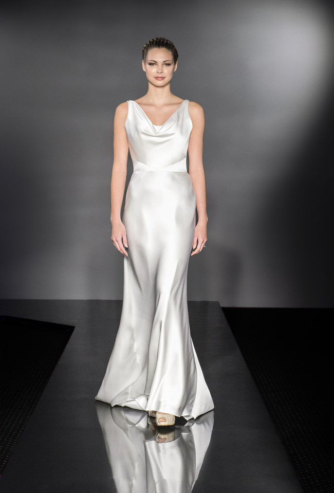 suzanne neville sheath silk wedding dress via weddingsonline.ie suzanne neville wedding dress catwalk