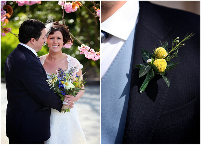 billy button hole yellow flower wedding