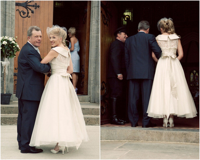 bride and father of the bride walking up aisle church