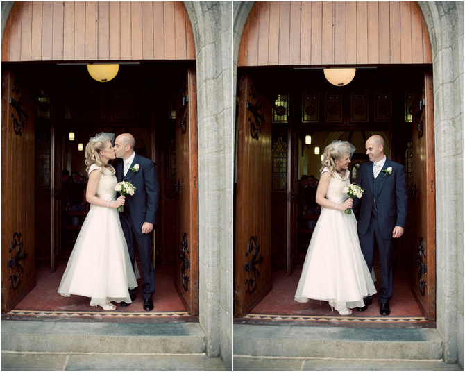 bride and groom at church
