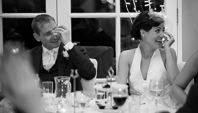 bride and groom during wedding speeches